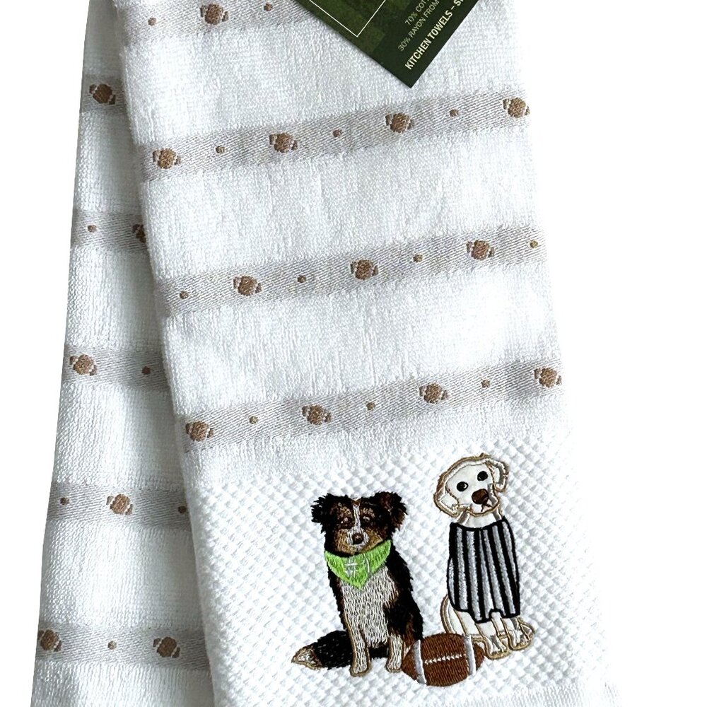 Game Day Game On 2 Pc Embroidered  Kitchen Towel Set Dogs Football Cotton/Rayon